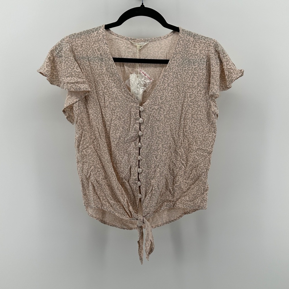 Sim & Sam Grey Leopard Flutter Sleeve Top M NWT India Lightweight Boho Neutral